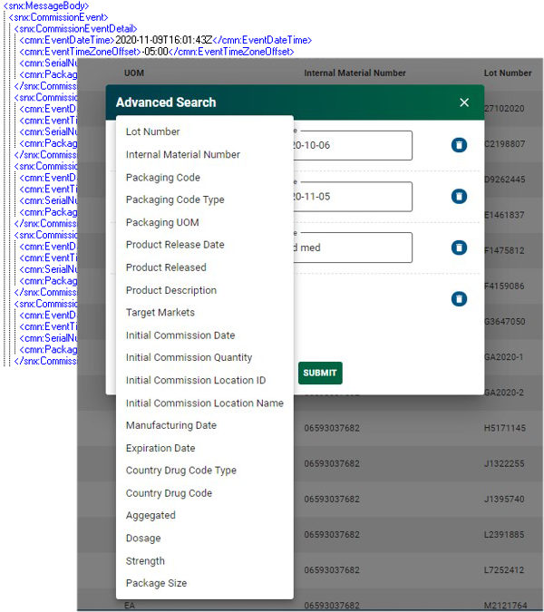 Screenshot of Serialized Product Intelligence filter menu